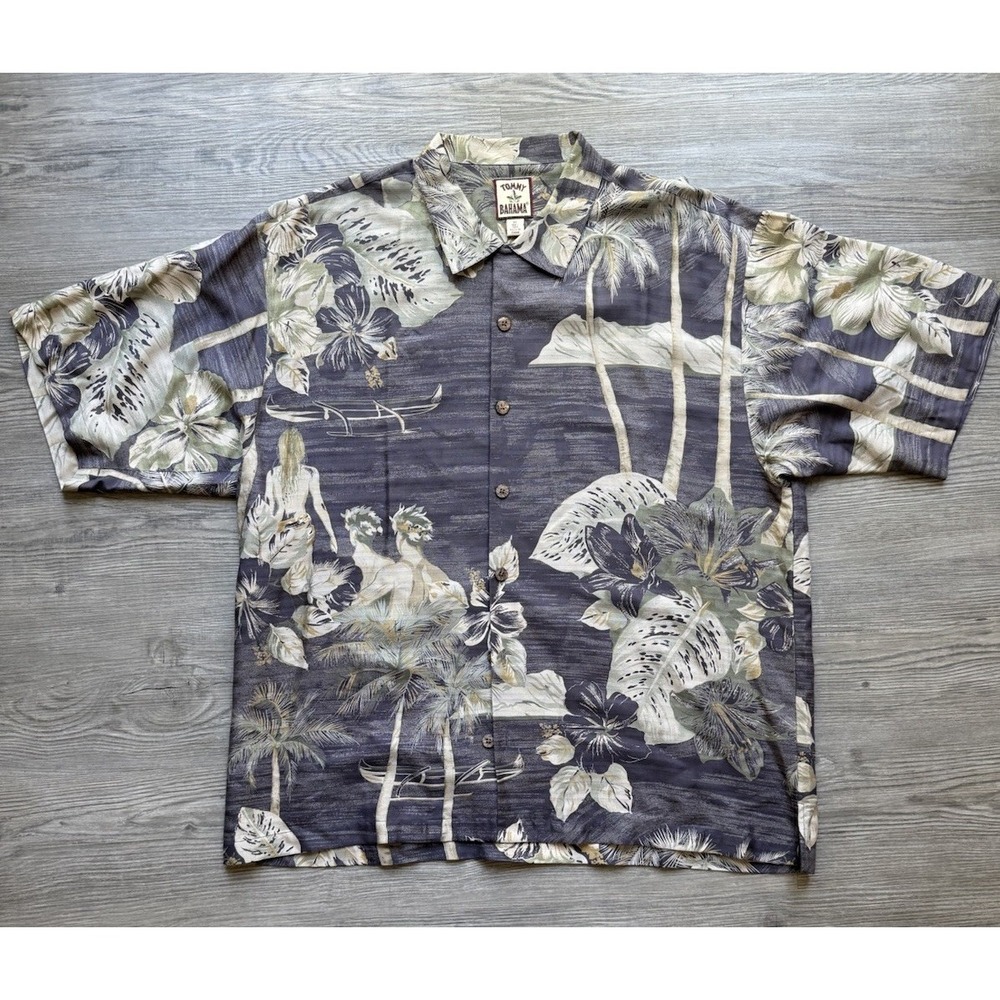 Tommy Bahama 100% Silk Hawaiian Camp Shirt XL Blue Tropical Hula Girl Aloha